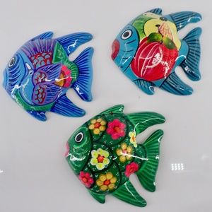 Tropical Ceramic Colorful Set of 3 Fish  Wall Decor  5” Hanging or Wall Mount